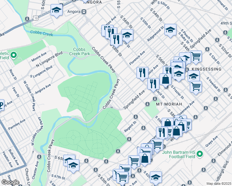 map of restaurants, bars, coffee shops, grocery stores, and more near 1607 South 60th Street in Philadelphia