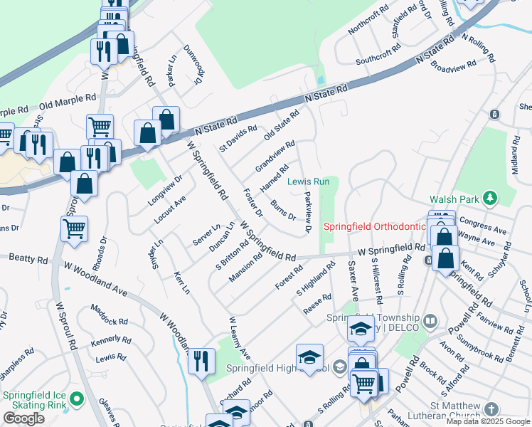 map of restaurants, bars, coffee shops, grocery stores, and more near 447 Foster Drive in Springfield