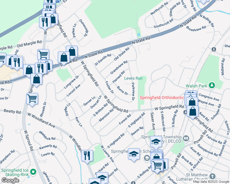 map of restaurants, bars, coffee shops, grocery stores, and more near 447 Foster Drive in Springfield