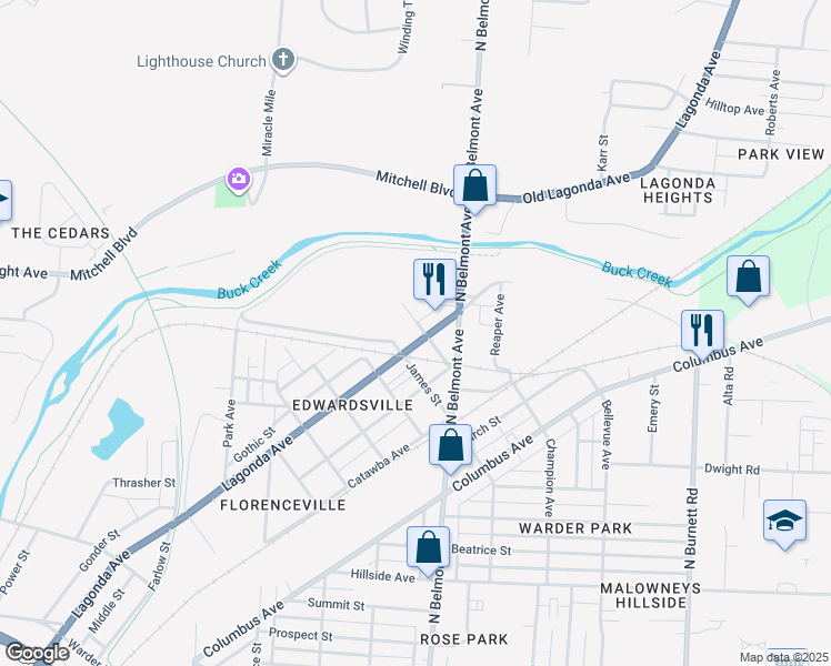 map of restaurants, bars, coffee shops, grocery stores, and more near 1820 Lagonda Avenue in Springfield