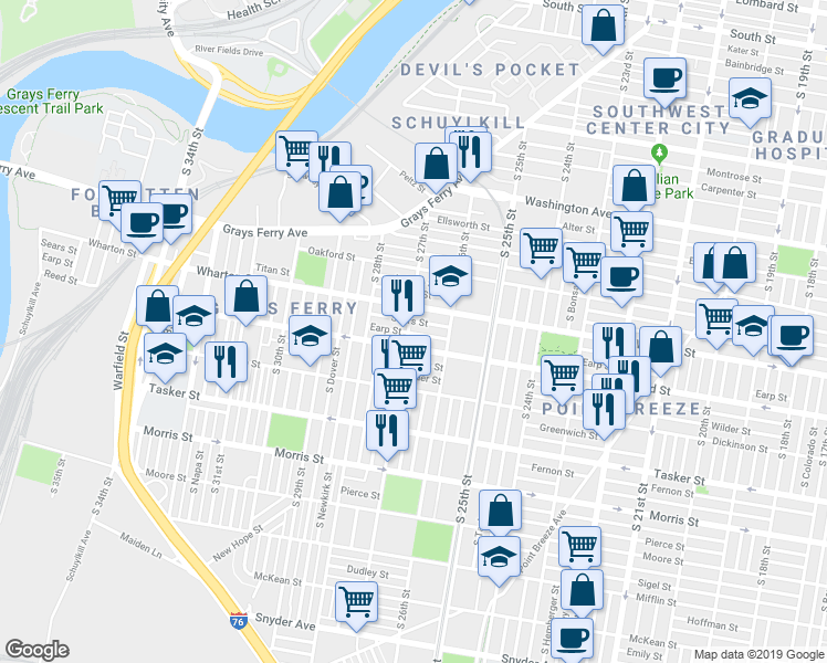 map of restaurants, bars, coffee shops, grocery stores, and more near 1327 South 27th Street in Philadelphia