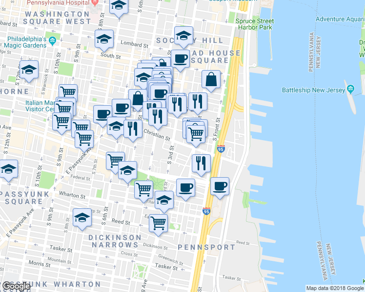 map of restaurants, bars, coffee shops, grocery stores, and more near 222 Christian Street in Philadelphia