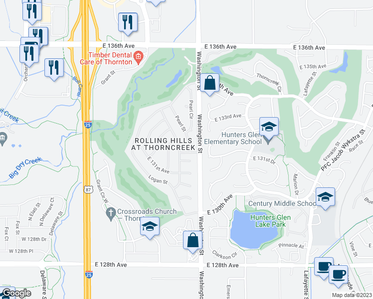 map of restaurants, bars, coffee shops, grocery stores, and more near 13201 Pearl St in Thornton