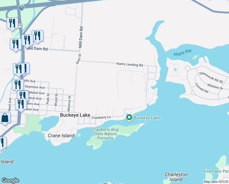 map of restaurants, bars, coffee shops, grocery stores, and more near 52 Lake Mist Lane in Buckeye Lake