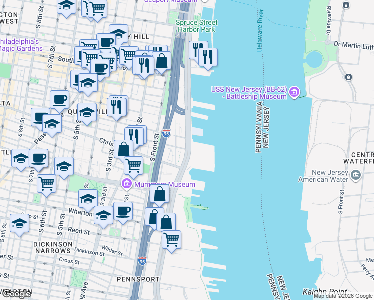 map of restaurants, bars, coffee shops, grocery stores, and more near S Christopher Columbus Blvd & Queen St in Philadelphia