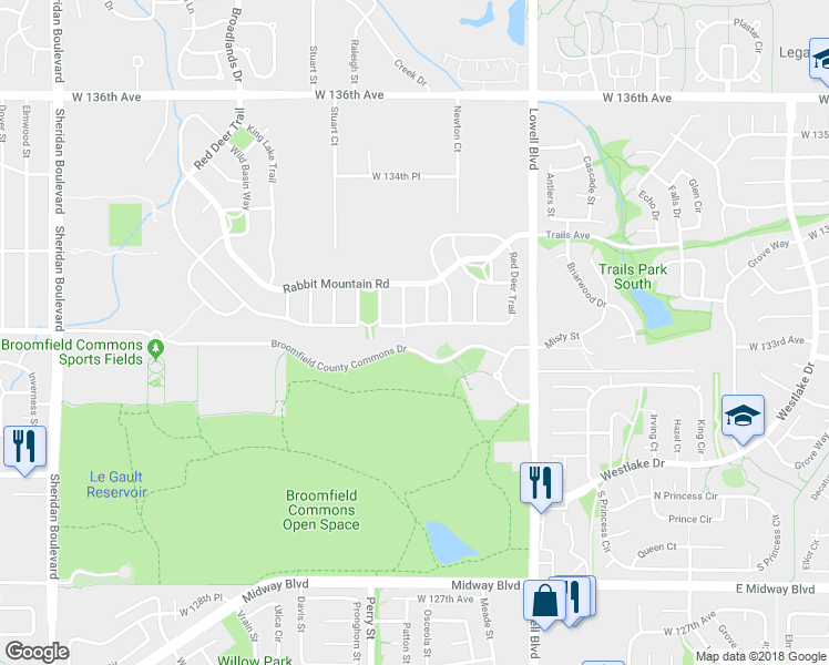 map of restaurants, bars, coffee shops, grocery stores, and more near 3950 Red Deer Trail in Broomfield