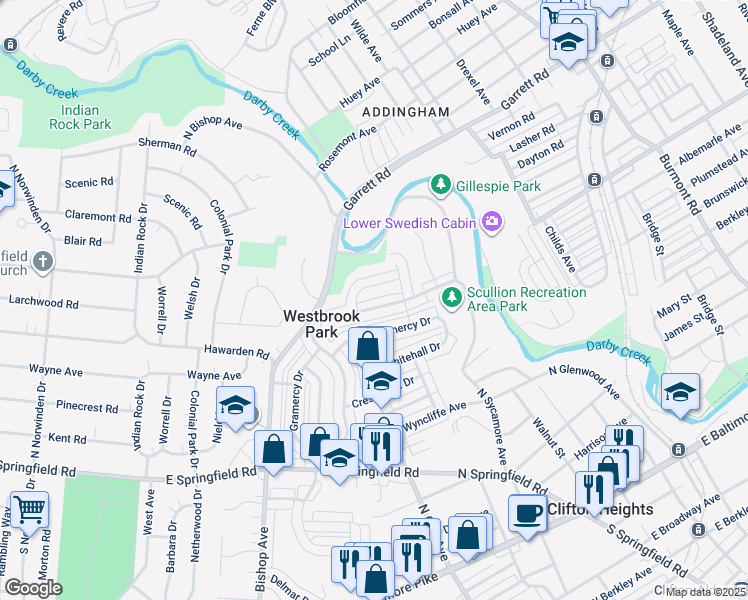 map of restaurants, bars, coffee shops, grocery stores, and more near 5158 Palmer Mill Road in Clifton Heights