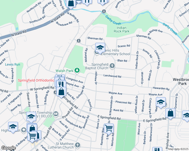map of restaurants, bars, coffee shops, grocery stores, and more near 158 Hillview Road in Springfield