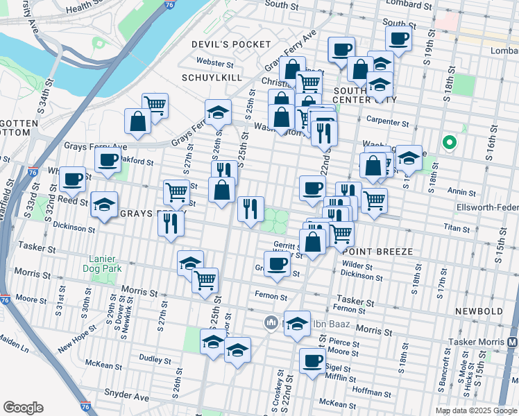 map of restaurants, bars, coffee shops, grocery stores, and more near 1300 South 24th Street in Philadelphia