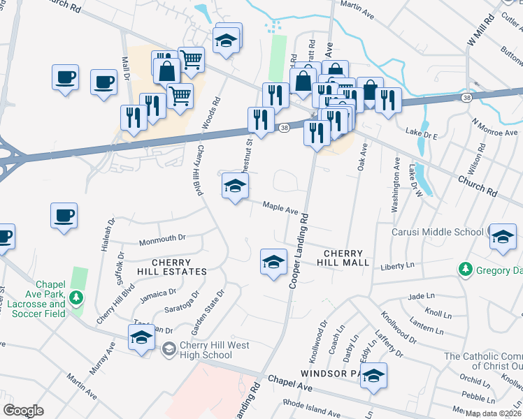 map of restaurants, bars, coffee shops, grocery stores, and more near 25 Maple Avenue in Cherry Hill