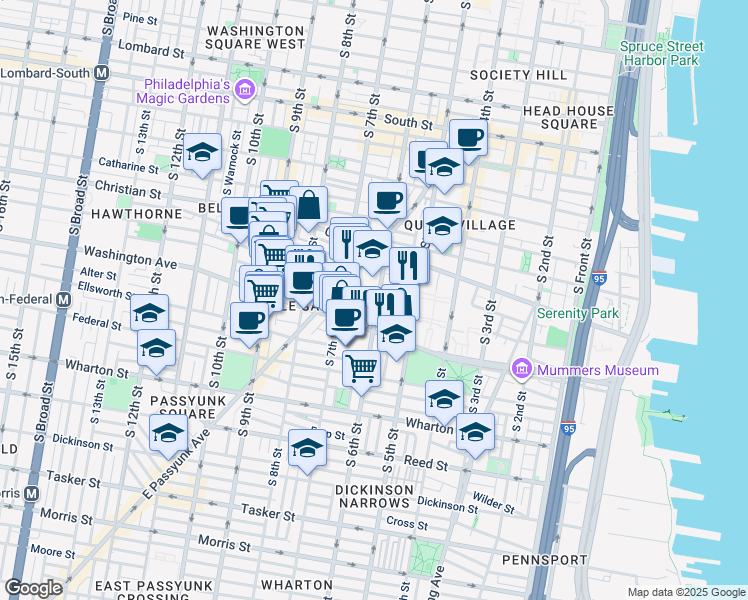 map of restaurants, bars, coffee shops, grocery stores, and more near 1008 South 6th Street in Philadelphia