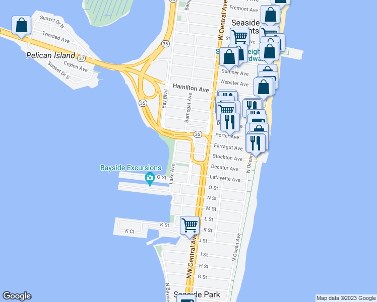 map of restaurants, bars, coffee shops, grocery stores, and more near 1801 North Bayview Avenue in Seaside Park