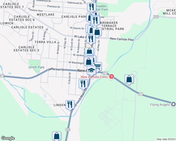 map of restaurants, bars, coffee shops, grocery stores, and more near in New Carlisle