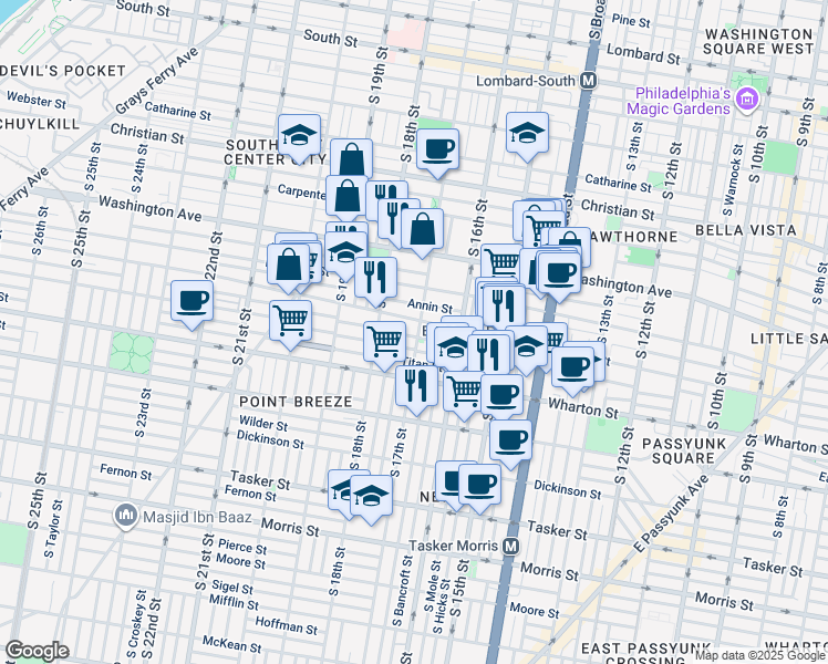 map of restaurants, bars, coffee shops, grocery stores, and more near 1212 South 17th Street in Philadelphia