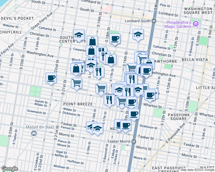 map of restaurants, bars, coffee shops, grocery stores, and more near 1705 Manton Street in Philadelphia