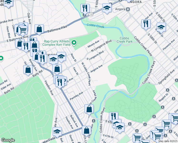 map of restaurants, bars, coffee shops, grocery stores, and more near 1101 Angora Avenue in Yeadon