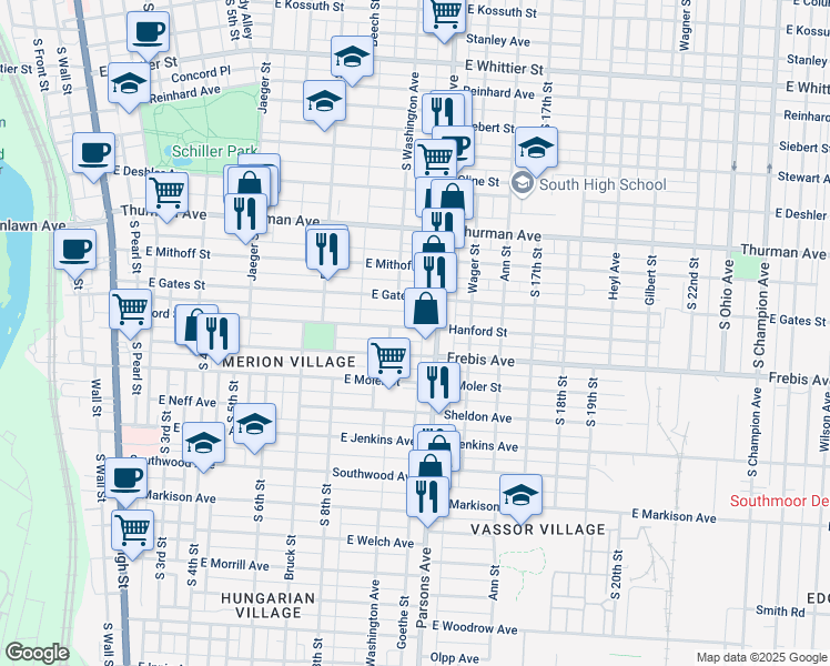 map of restaurants, bars, coffee shops, grocery stores, and more near 429 Hanford Street in Columbus