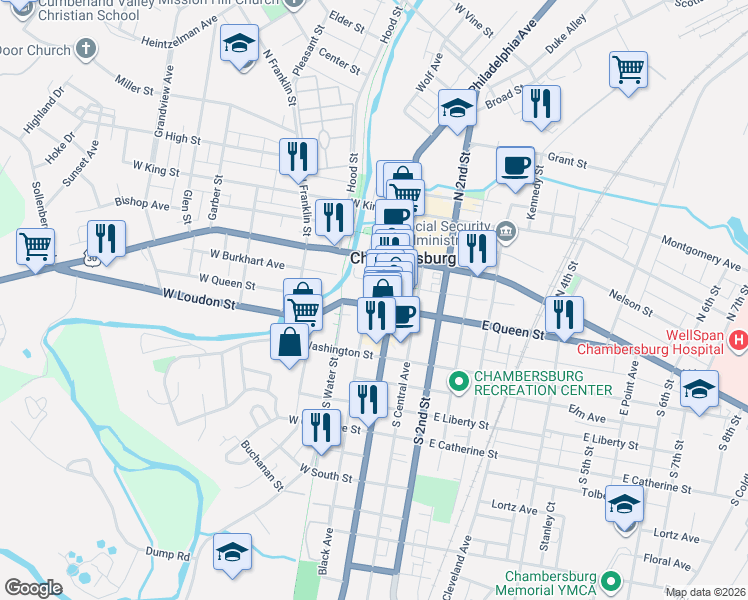 map of restaurants, bars, coffee shops, grocery stores, and more near 29 West Queen Street in Chambersburg