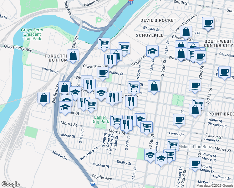 map of restaurants, bars, coffee shops, grocery stores, and more near 1355 South Dover Street in Philadelphia