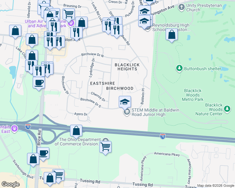 map of restaurants, bars, coffee shops, grocery stores, and more near 2212 Belltree Drive in Reynoldsburg