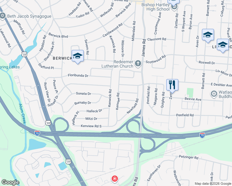 map of restaurants, bars, coffee shops, grocery stores, and more near 1686 Kenview Road in Columbus