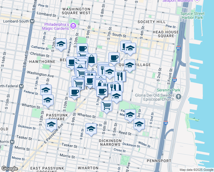 map of restaurants, bars, coffee shops, grocery stores, and more near 619 Kimball Street in Philadelphia