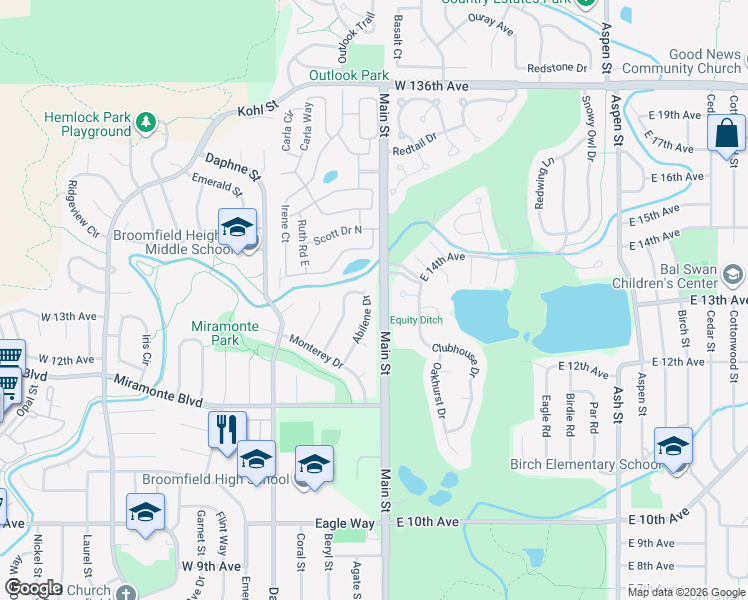 map of restaurants, bars, coffee shops, grocery stores, and more near 1352 Main Street in Broomfield