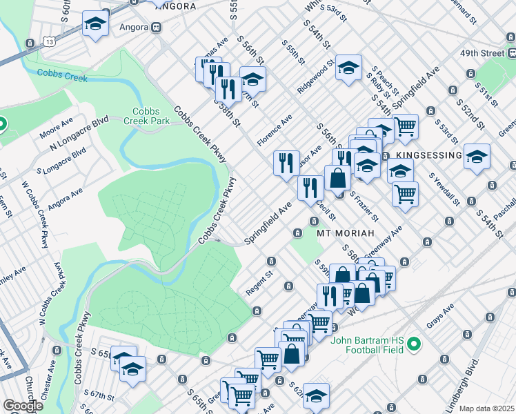 map of restaurants, bars, coffee shops, grocery stores, and more near 5910 Windsor Avenue in Philadelphia