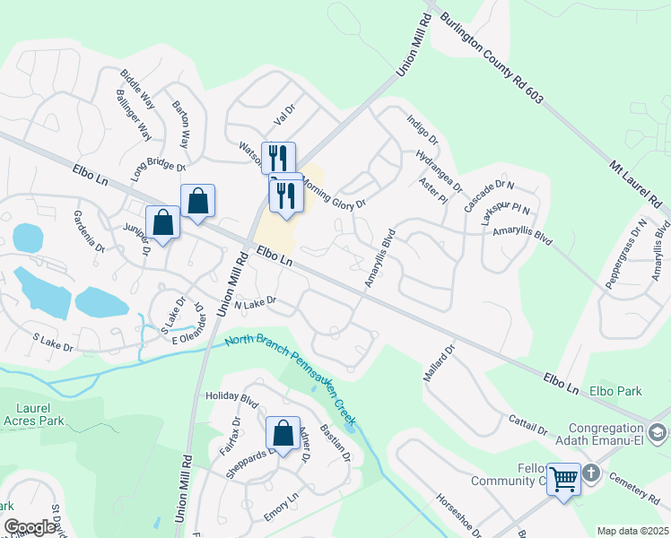 map of restaurants, bars, coffee shops, grocery stores, and more near 110 Elbo Lane in Mount Laurel Township