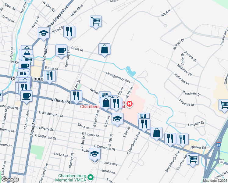 map of restaurants, bars, coffee shops, grocery stores, and more near 568 East King Street in Chambersburg