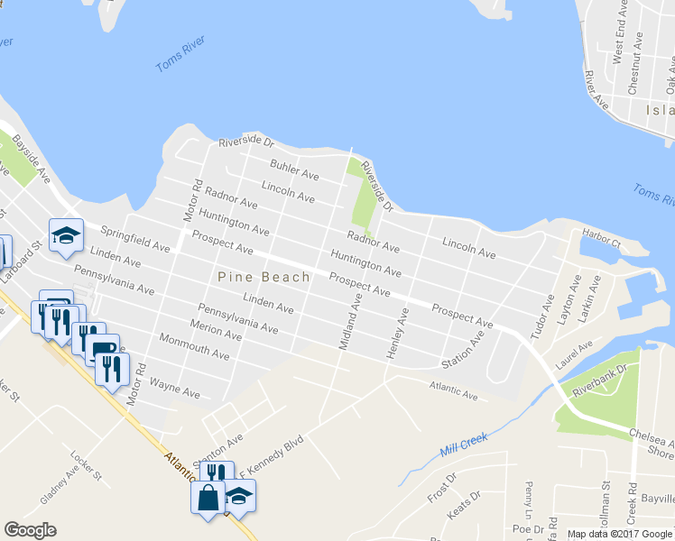 map of restaurants, bars, coffee shops, grocery stores, and more near 626 Prospect Avenue in Pine Beach
