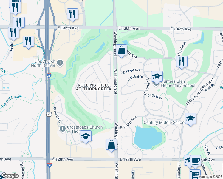 map of restaurants, bars, coffee shops, grocery stores, and more near 13201 Pearl Street in Thornton
