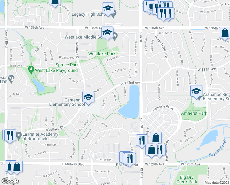 map of restaurants, bars, coffee shops, grocery stores, and more near 2685 Bryant Drive in Broomfield