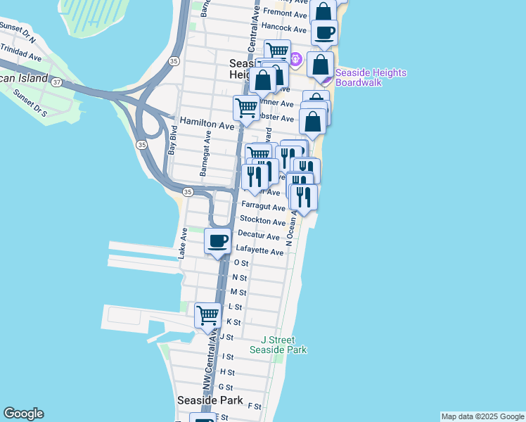 map of restaurants, bars, coffee shops, grocery stores, and more near 1901 Ocean Boulevard in Seaside Park