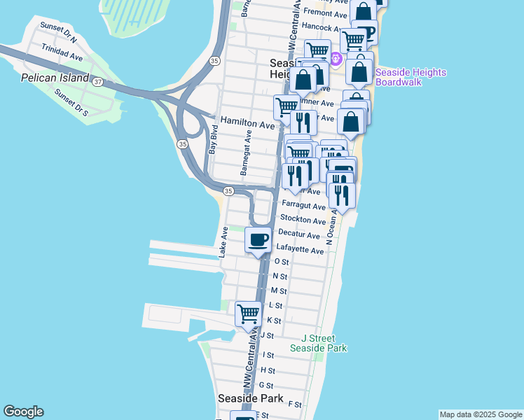 map of restaurants, bars, coffee shops, grocery stores, and more near 1801 North Bayview Avenue in Seaside Park