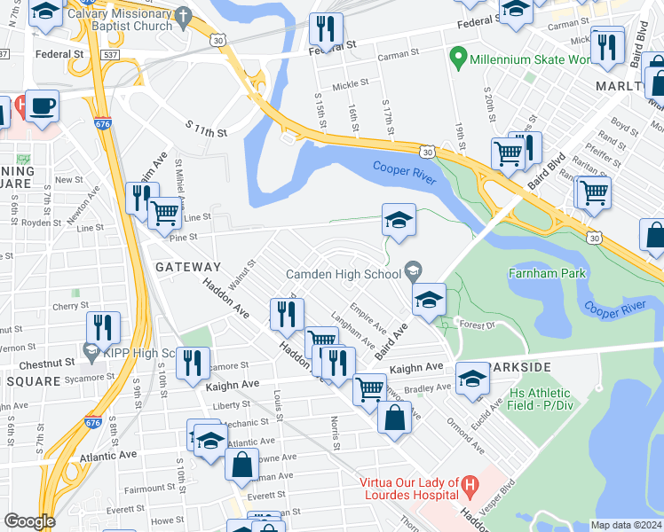map of restaurants, bars, coffee shops, grocery stores, and more near 1125 Magnolia Avenue in Camden