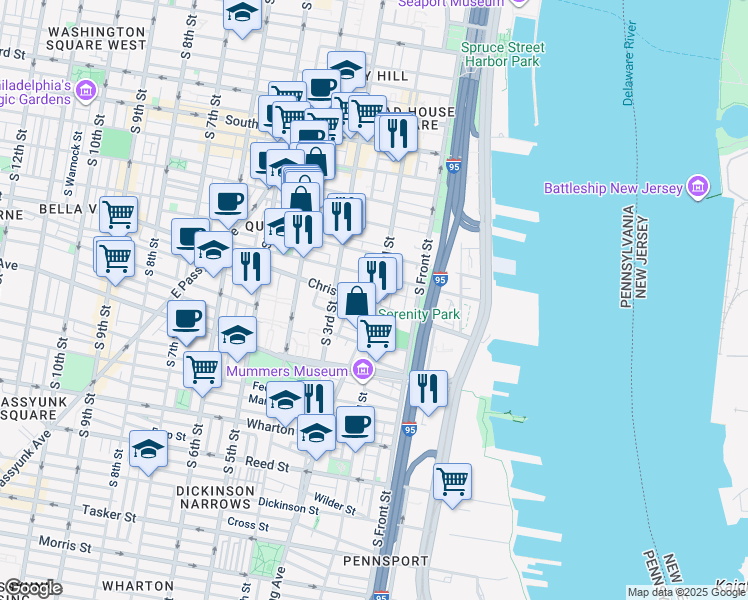 map of restaurants, bars, coffee shops, grocery stores, and more near 852 South 2nd Street in Philadelphia