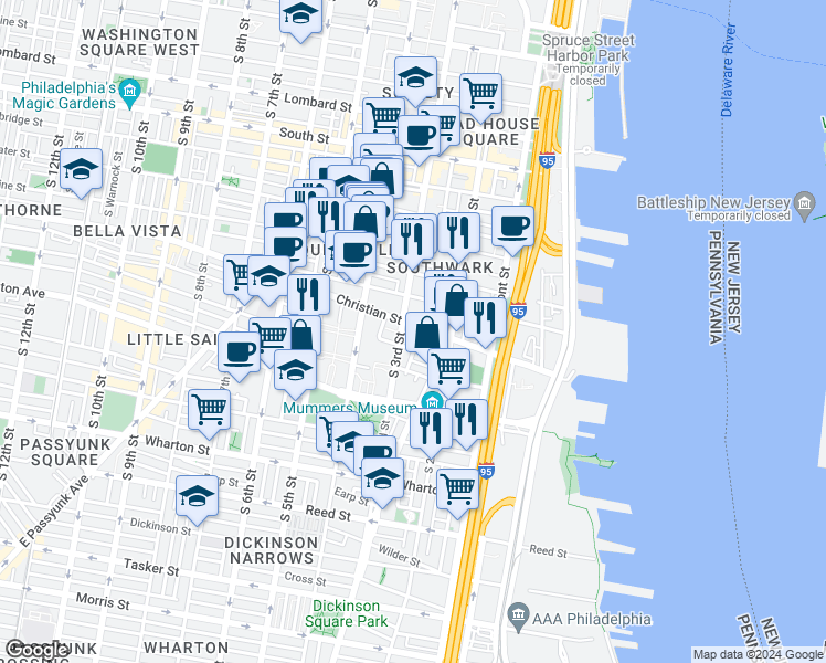 map of restaurants, bars, coffee shops, grocery stores, and more near 905 South Bodine Street in Philadelphia