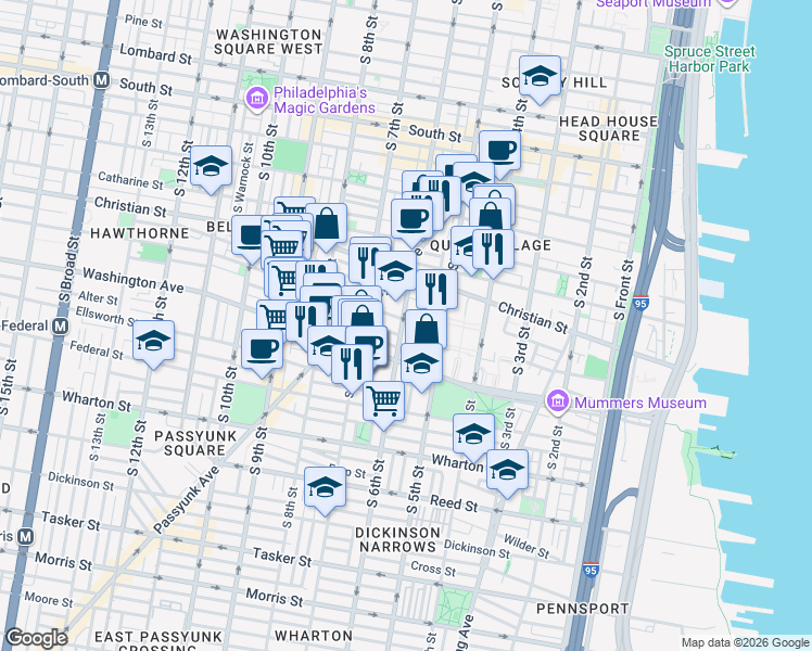 map of restaurants, bars, coffee shops, grocery stores, and more near 1002 South Randolph Street in Philadelphia