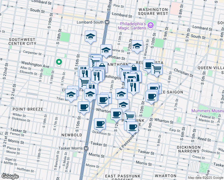 map of restaurants, bars, coffee shops, grocery stores, and more near 1148 South 13th Street in Philadelphia