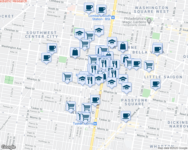 map of restaurants, bars, coffee shops, grocery stores, and more near in Philadelphia