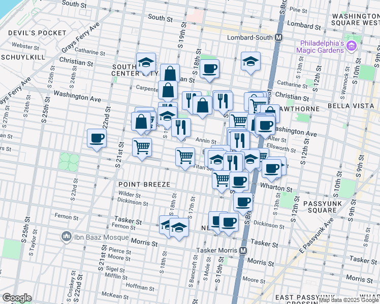map of restaurants, bars, coffee shops, grocery stores, and more near 1708 Manton Street in Philadelphia
