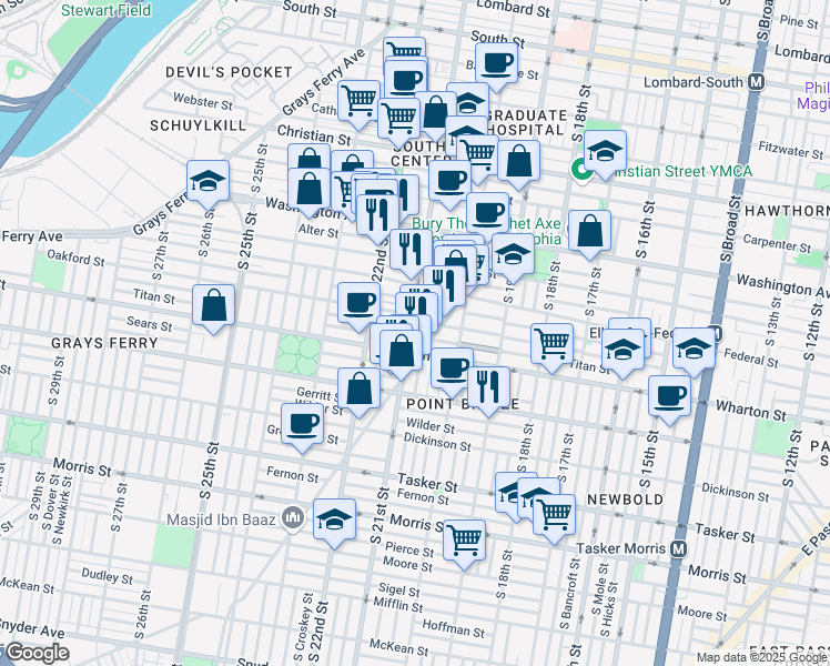 map of restaurants, bars, coffee shops, grocery stores, and more near 2042 Titan Street in Philadelphia