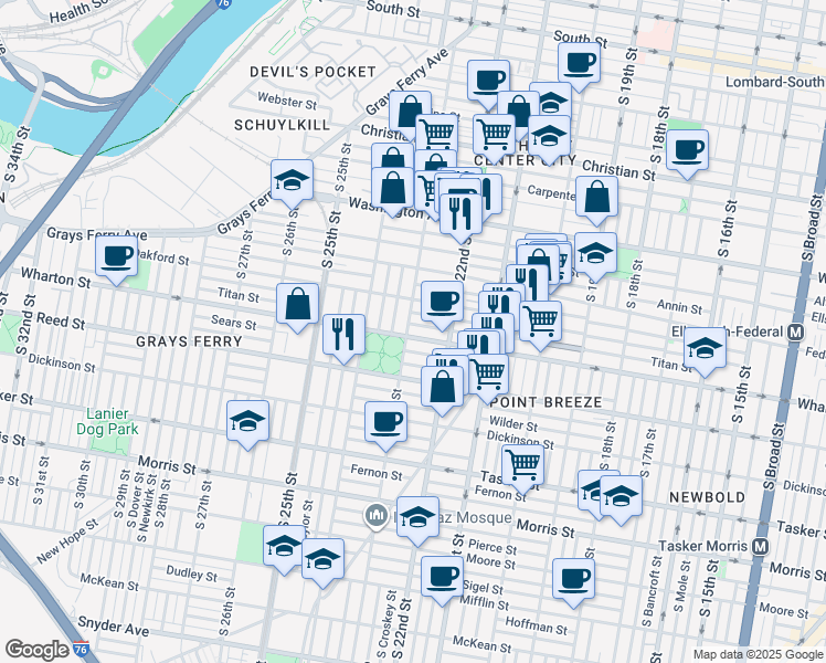map of restaurants, bars, coffee shops, grocery stores, and more near 2233 Wharton Street in Philadelphia