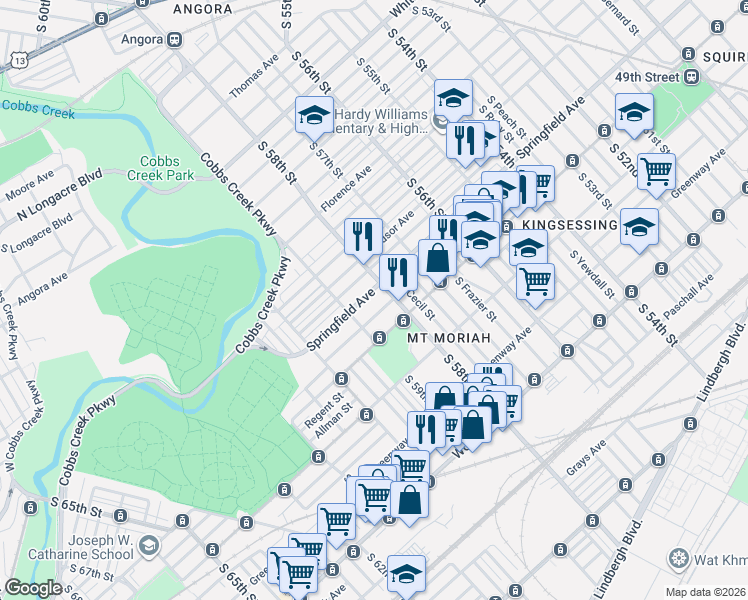 map of restaurants, bars, coffee shops, grocery stores, and more near 5813 Trinity Street in Philadelphia