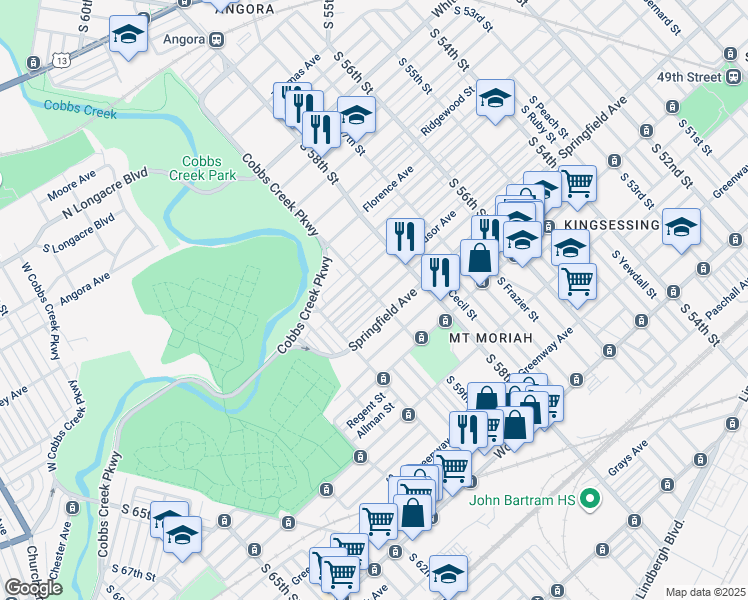 map of restaurants, bars, coffee shops, grocery stores, and more near 5920 Windsor Street in Philadelphia