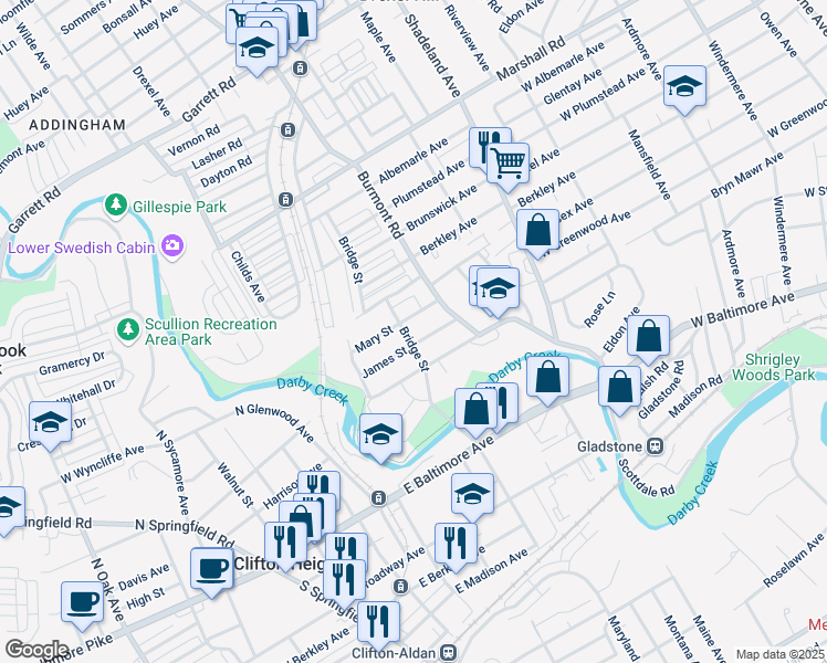 map of restaurants, bars, coffee shops, grocery stores, and more near 3837 James Street in Drexel Hill