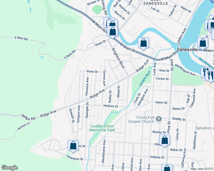 map of restaurants, bars, coffee shops, grocery stores, and more near 1444 Ridge Avenue in Zanesville