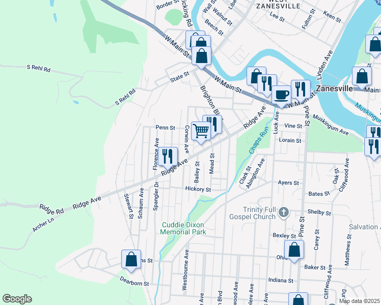 map of restaurants, bars, coffee shops, grocery stores, and more near 1543 Ridge Avenue in Zanesville