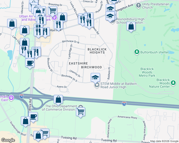 map of restaurants, bars, coffee shops, grocery stores, and more near 2212 Belltree Drive in Reynoldsburg